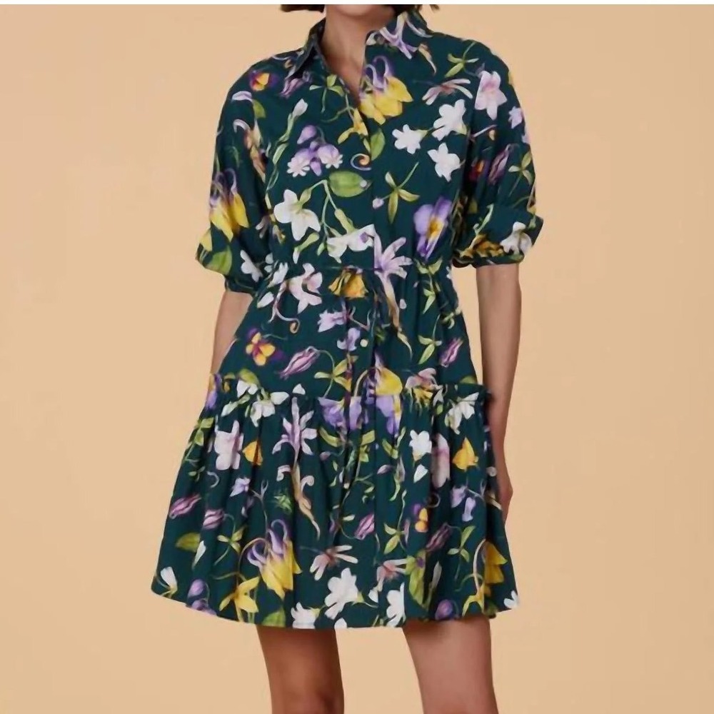 NWT Olivia by LIVRO Brynn Dress Dark Green Floral Cotton‎ Mini Dress size Large